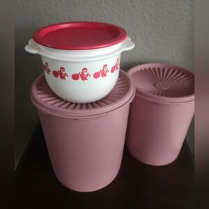 Tupperware Set of 2 Rose Canisters and 1 Christmas Container EUC $23